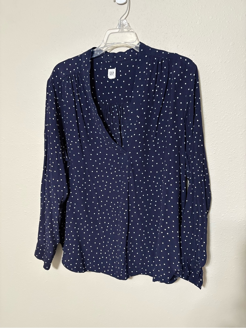 GAP Navy and White Polka Dot V-Neck Blouse